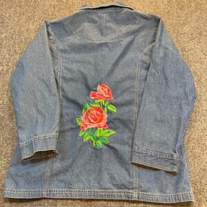 Vintage TUDOR COURT Embroidered Denim Chore Jacket Women XL Floral Cottagecore